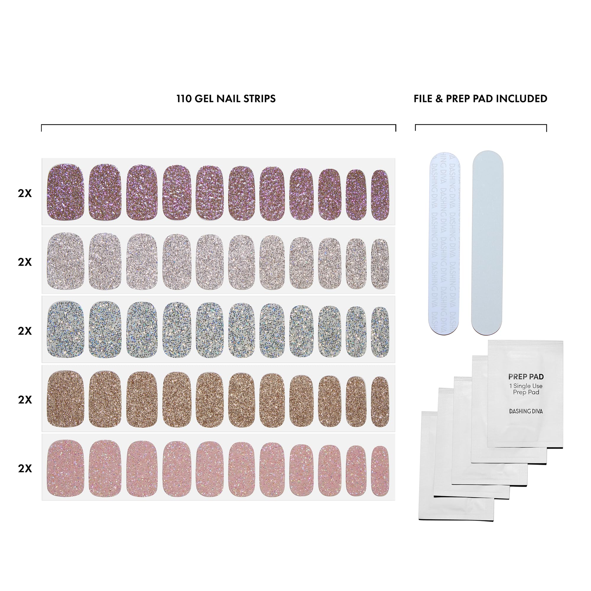 Dashing Diva Gloss Nail Strips 5-in-1 Kit – UV Free, Chip Resistant, 110 Wraps