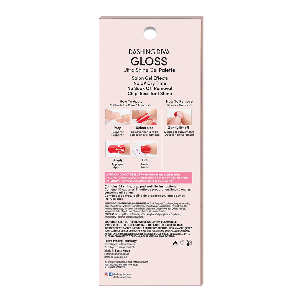 Dashing Diva Gloss Nail Strips The Blush – UV Free, Chip Resistant Gel Nail Stickers (32 Wraps + Prep Pad + File)