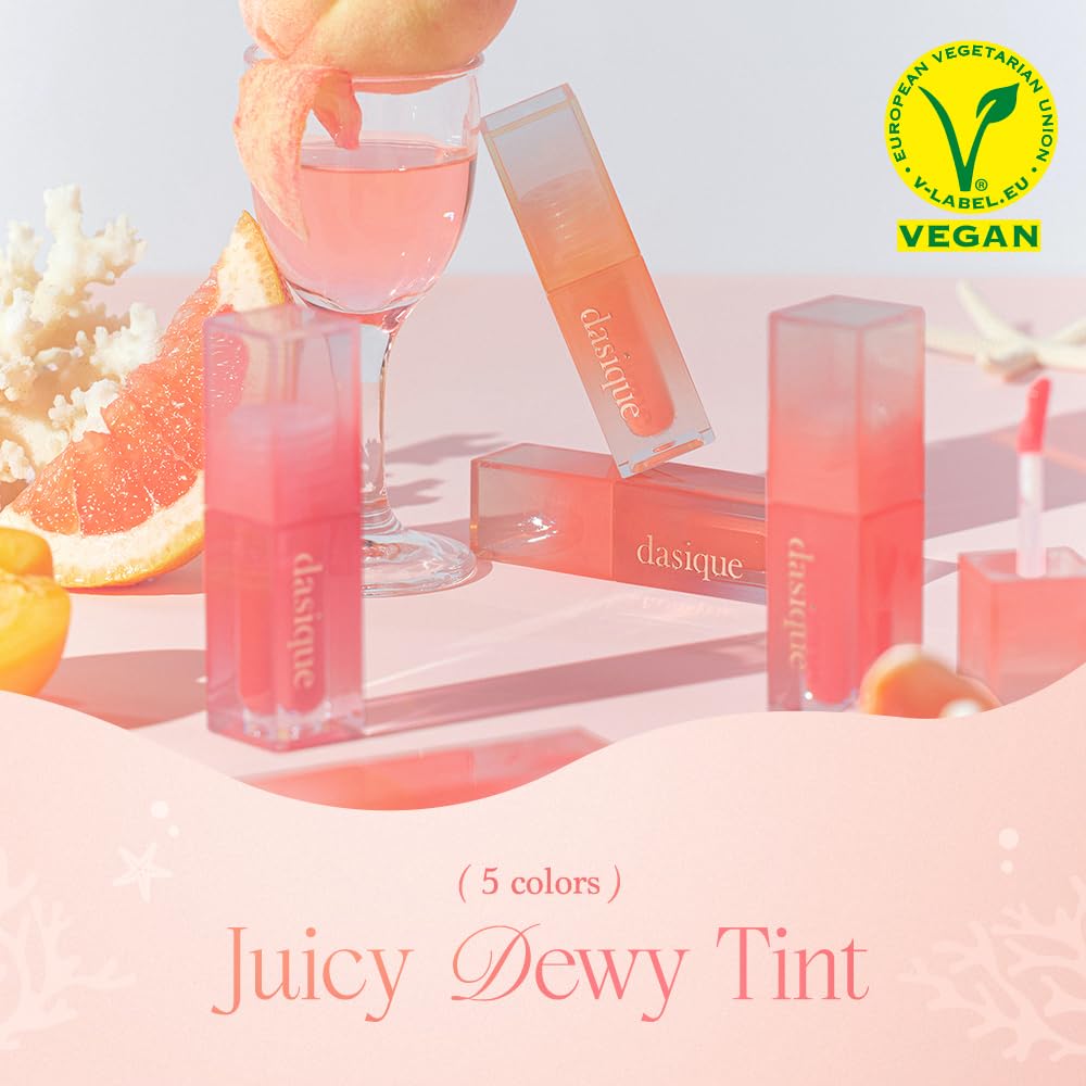 dasique Juicy Dewy Tint (13 Coral Fizz) 0.12 oz | Light Application with Moisture | Long Lasting Glossy Lip Stain | Vegan & Cruelty-Free | Korean Makeup