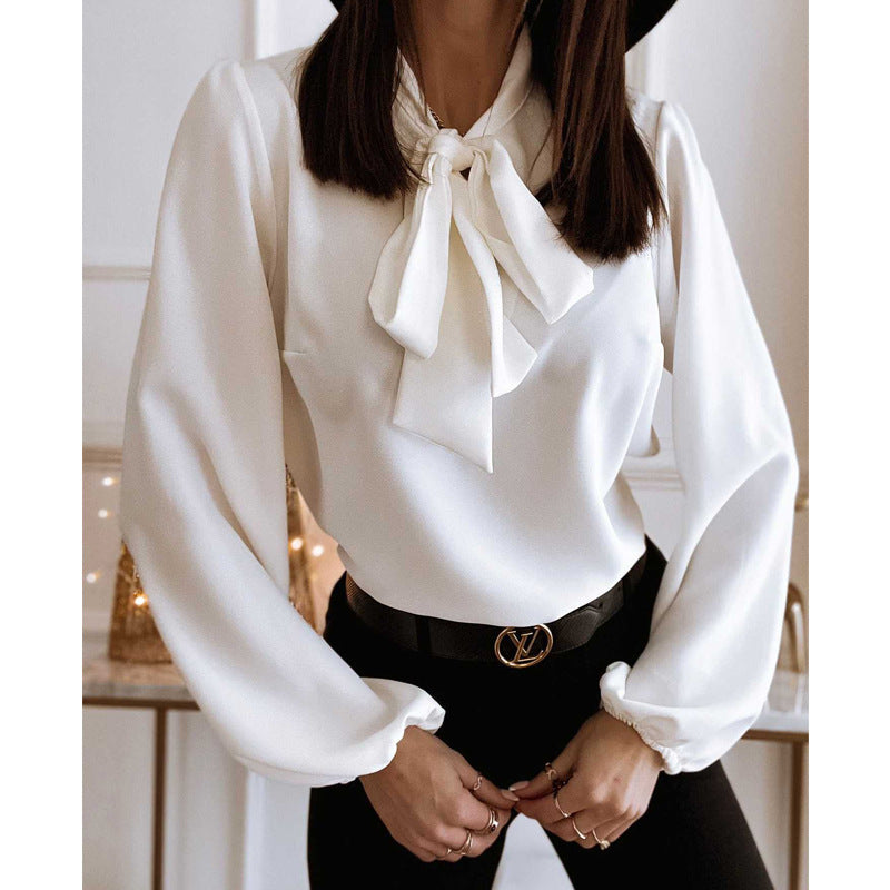 Bowknot Long Sleeve Shirt Collared Women's  Solid Color Professional Business Blouse For Work Office Wear
