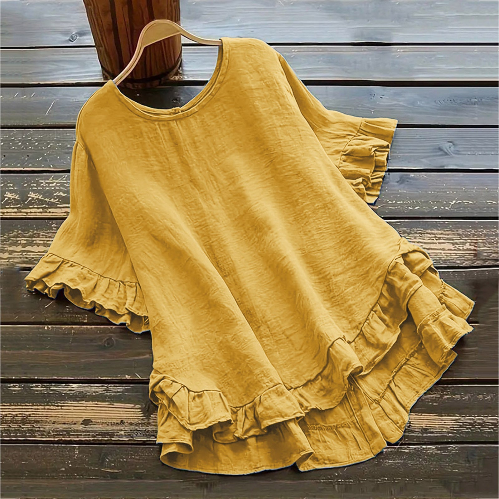 Arrival Solid-color Cotton-linen Loose-fit Round-neck Blouse With Ruffled Hem