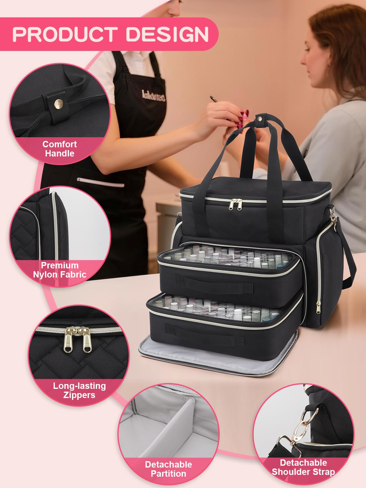 DD DEVILLI Nail Polish Organizer Case - Holds 96 Bottles & Nail Dryer | 2 Removable Pouches | Black