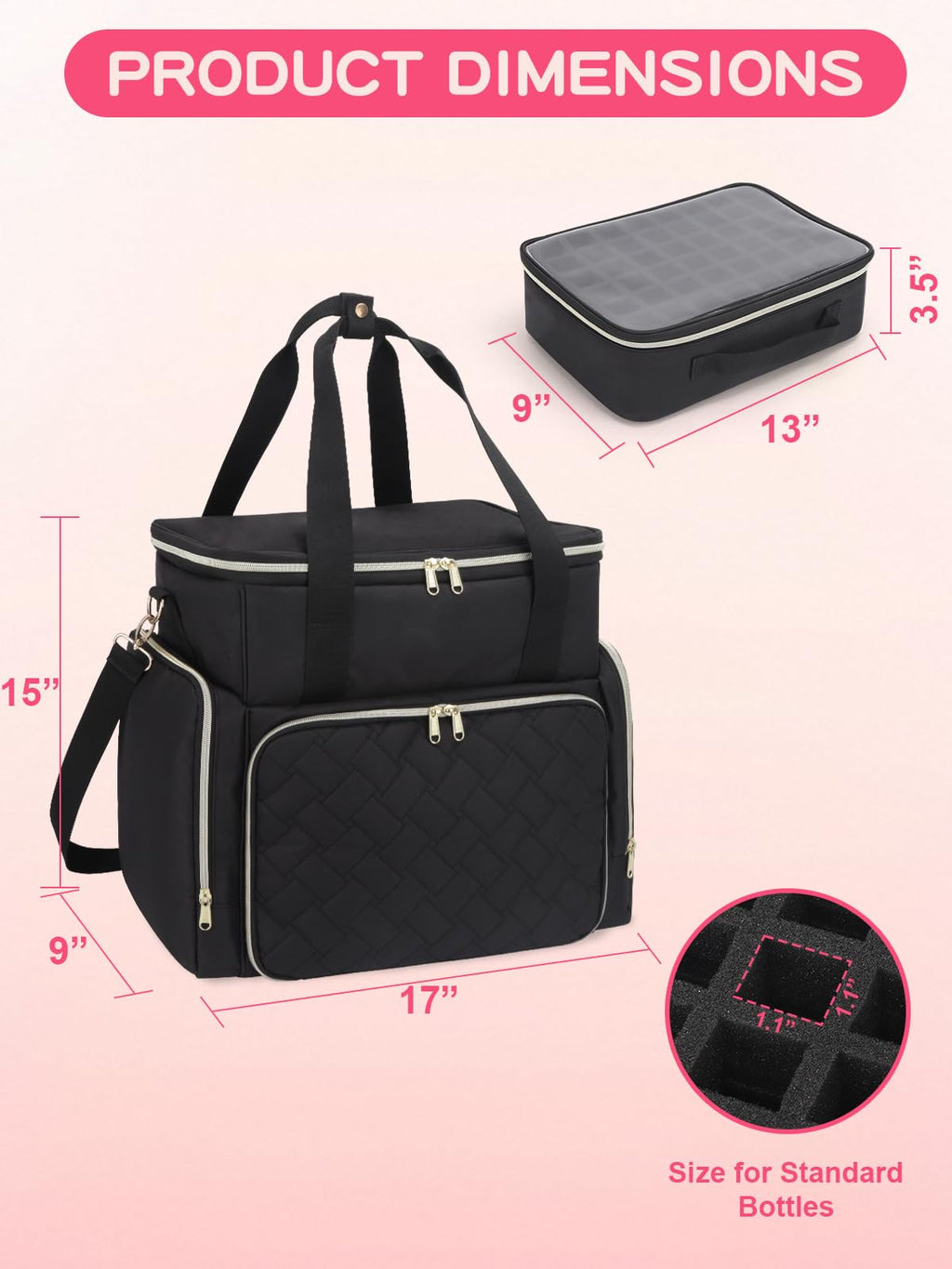 DD DEVILLI Nail Polish Organizer Case - Holds 96 Bottles & Nail Dryer | 2 Removable Pouches | Black