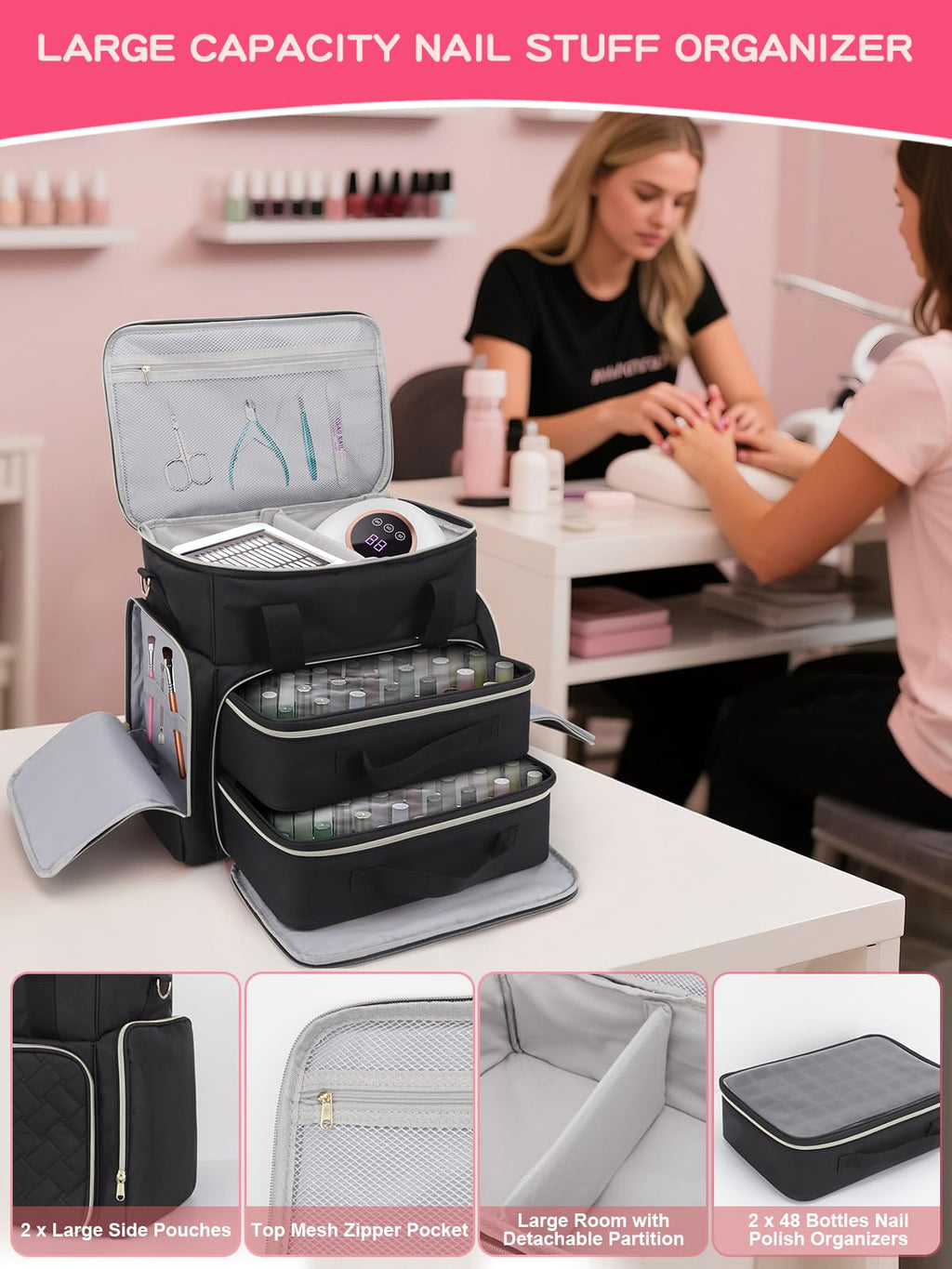 DD DEVILLI Nail Polish Organizer Case - Holds 96 Bottles & Nail Dryer | 2 Removable Pouches | Black