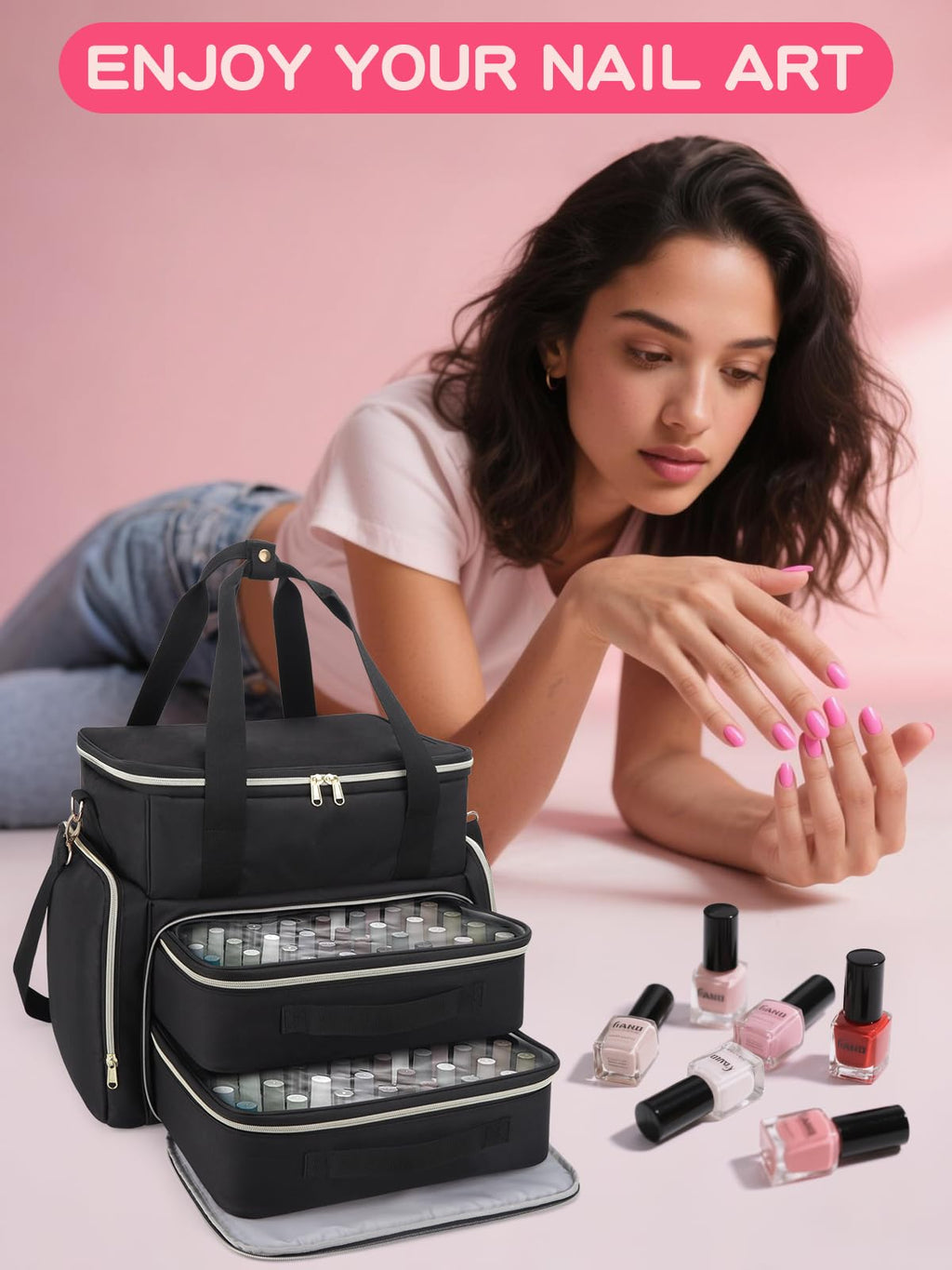 DD DEVILLI Nail Polish Organizer Case - Holds 96 Bottles & Nail Dryer | 2 Removable Pouches | Black
