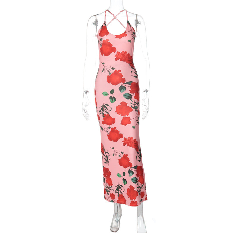 Fashion Printed Sexy Backless U-neck Slim Strap Dress