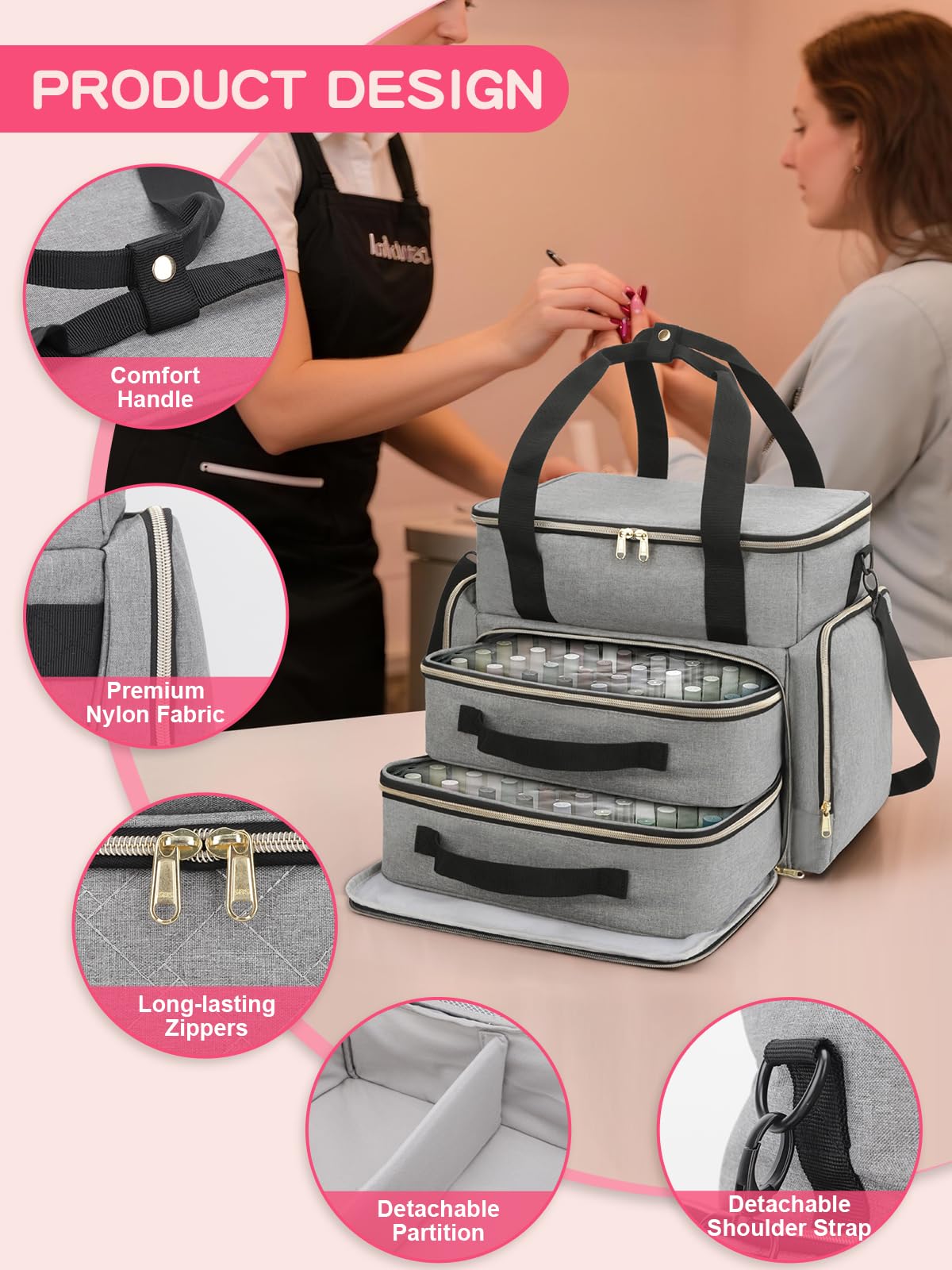 DD DEVILLI Nail Polish Organizer Case — Holds 96 Bottles (15ml) + Nail Dryer, 2 Removable Pouches, Grey