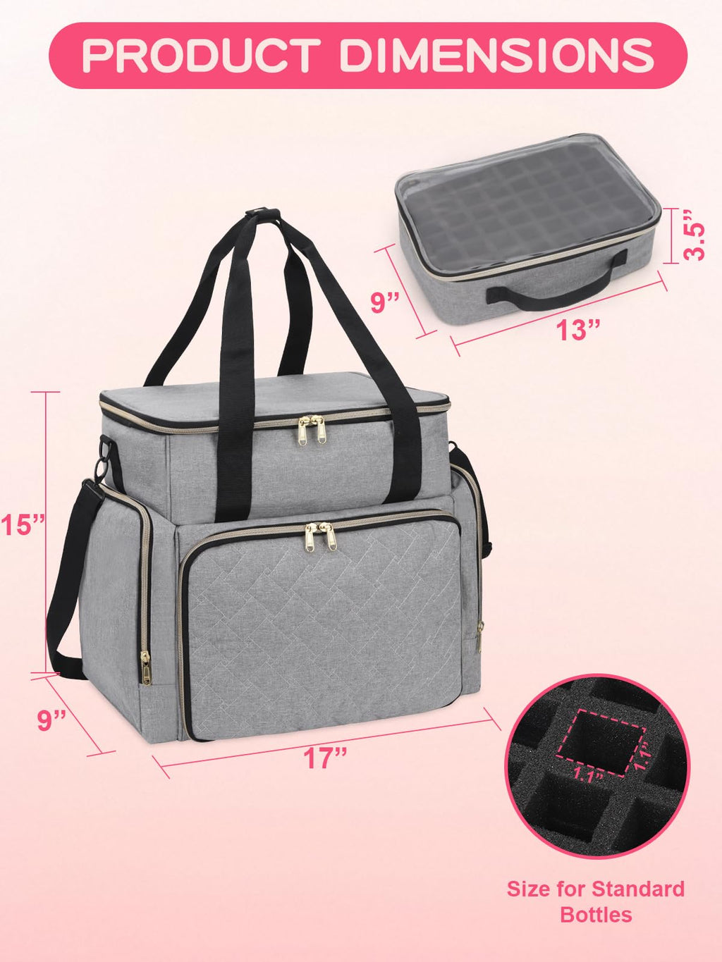 DD DEVILLI Nail Polish Organizer Case — Holds 96 Bottles (15ml) + Nail Dryer, 2 Removable Pouches, Grey