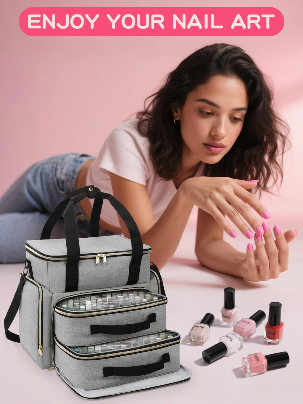 DD DEVILLI Nail Polish Organizer Case — Holds 96 Bottles (15ml) + Nail Dryer, 2 Removable Pouches, Grey