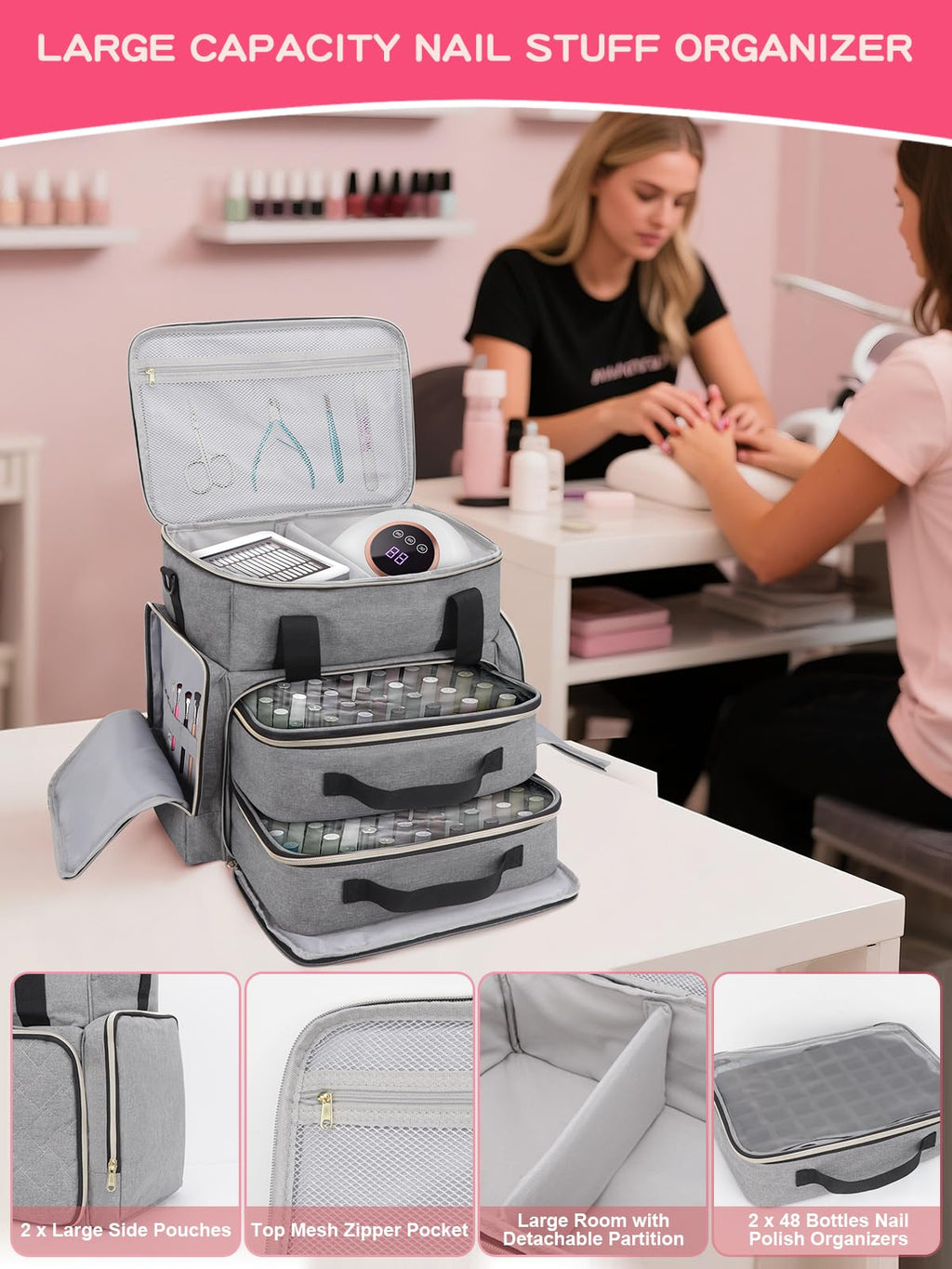 DD DEVILLI Nail Polish Organizer Case — Holds 96 Bottles (15ml) + Nail Dryer, 2 Removable Pouches, Grey
