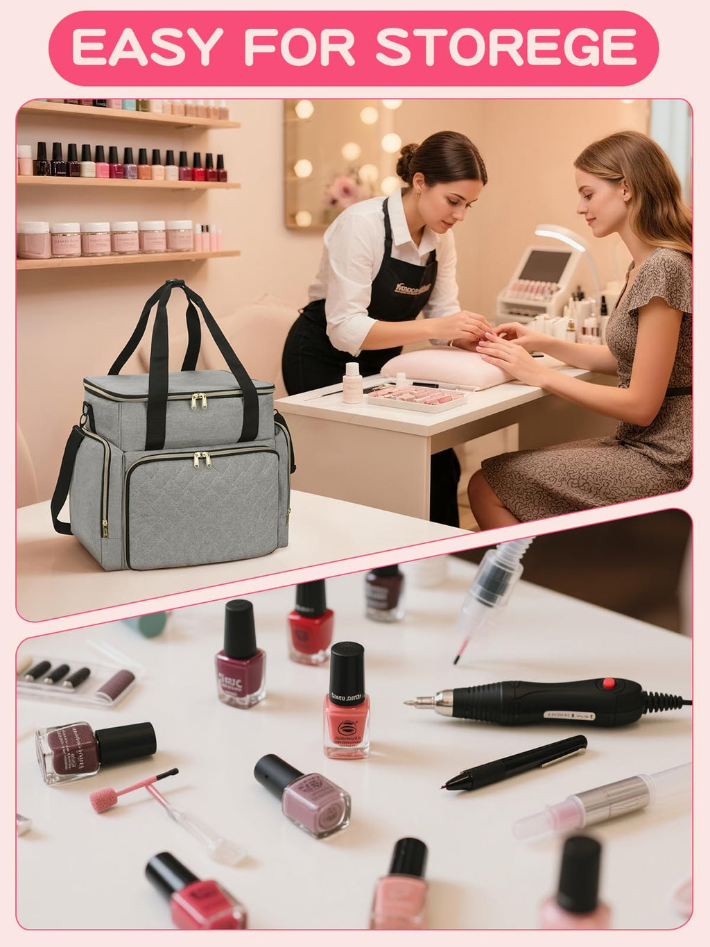 DD DEVILLI Nail Polish Organizer Case — Holds 96 Bottles (15ml) + Nail Dryer, 2 Removable Pouches, Grey
