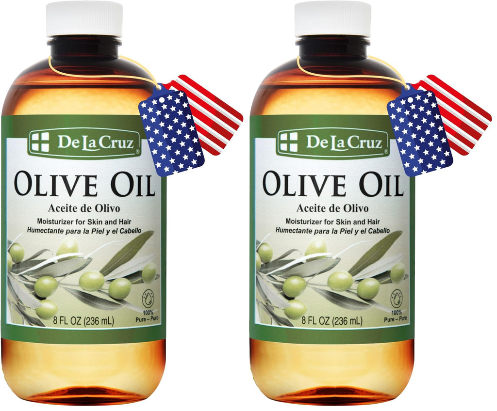 De La Cruz Pure Olive Oil - Expeller Pressed, 8 oz x 2, Hair & Skin Lightweight Oil