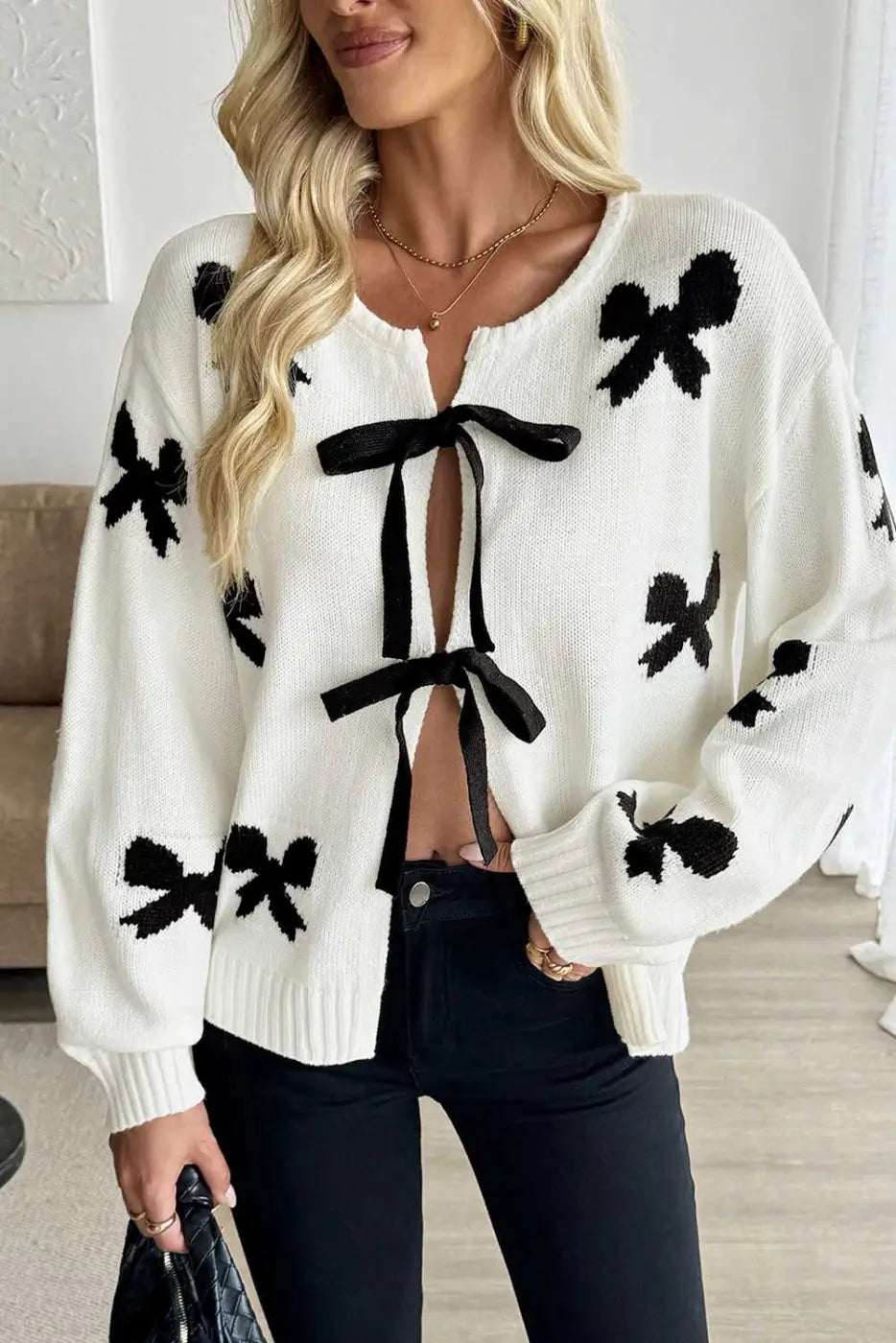 White Lace Bow Knit Cardigan Women UK