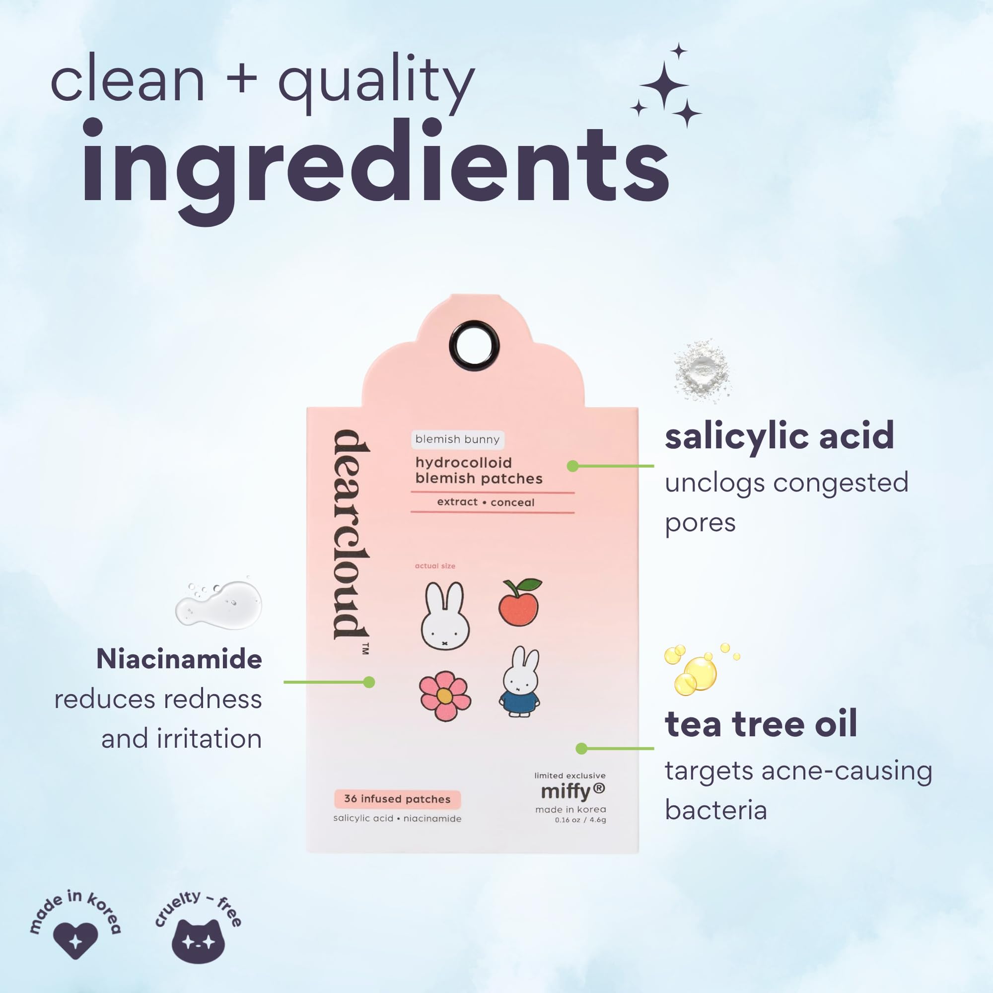 Dearcloud Miffy Hydrocolloid Blemish Patches – 36-Count Refill Set | Niacinamide & Salicylic Acid