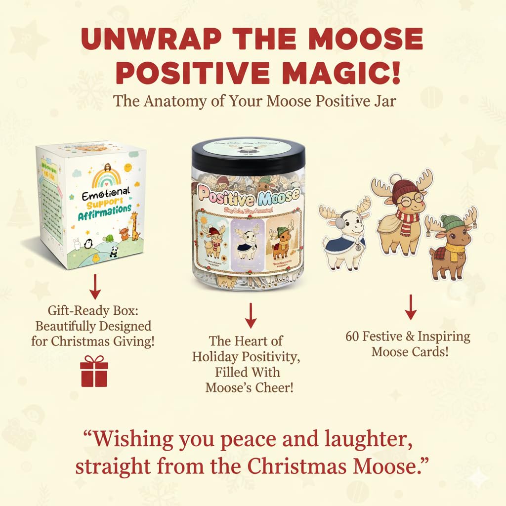 DEARMINE Positive Christmas Moose Jar — 60 Daily Affirmation Cards | Cozy Gift for Coworkers, Teachers & Friends
