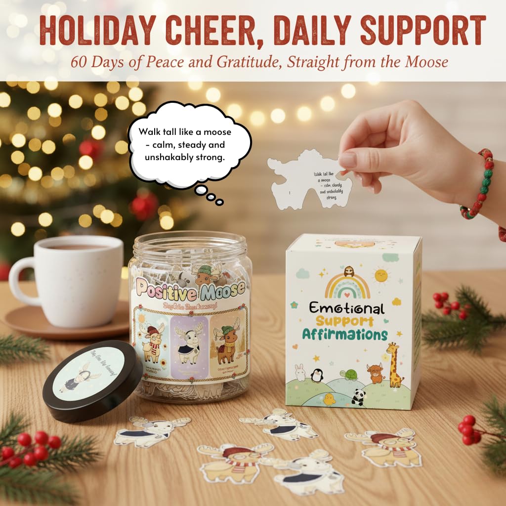 DEARMINE Positive Christmas Moose Jar — 60 Daily Affirmation Cards | Cozy Gift for Coworkers, Teachers & Friends