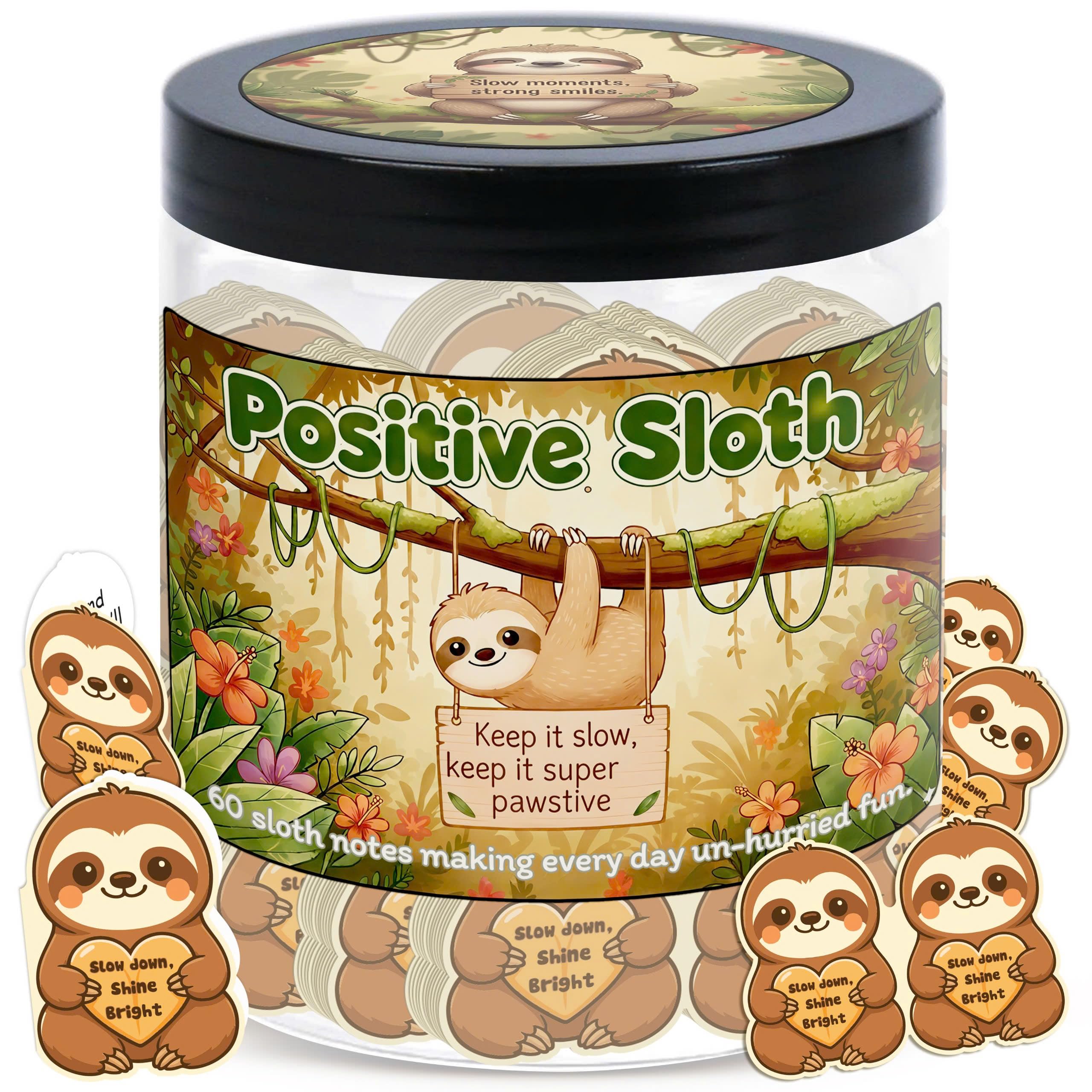 DEARMINE Positive Sloth Jar with 60 Affirmation Cards – Mindfulness Gift & Desk Decor
