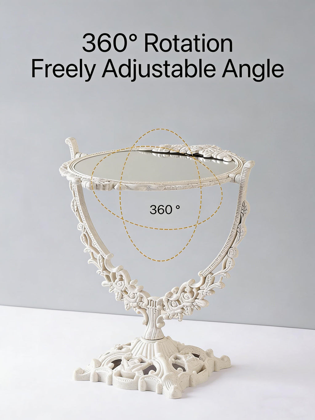DECADENCE Vintage Carved Vanity Mirror | 360° Rotation, 1x/2x Magnification, 12.6in x 6.1in
