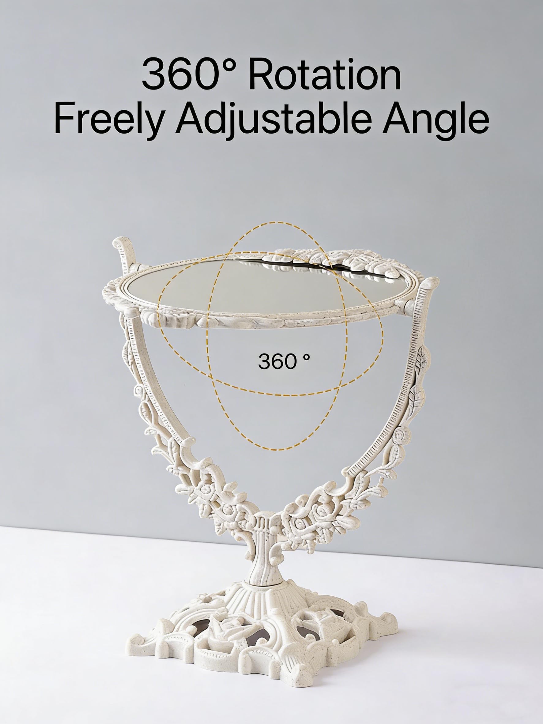 DECADENCE Vintage Carved Vanity Mirror | 360° Rotation, 1x/2x Magnification, 12.6in x 6.1in