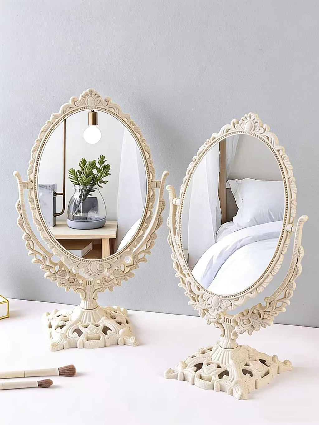 DECADENCE Vintage Carved Vanity Mirror | 360° Rotation, 1x/2x Magnification, 12.6in x 6.1in
