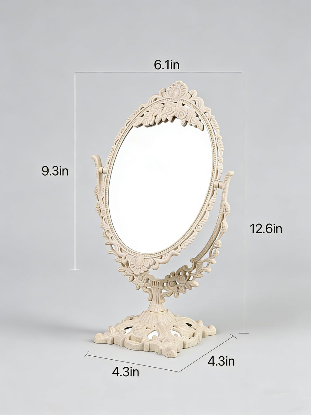 DECADENCE Vintage Carved Vanity Mirror | 360° Rotation, 1x/2x Magnification, 12.6in x 6.1in