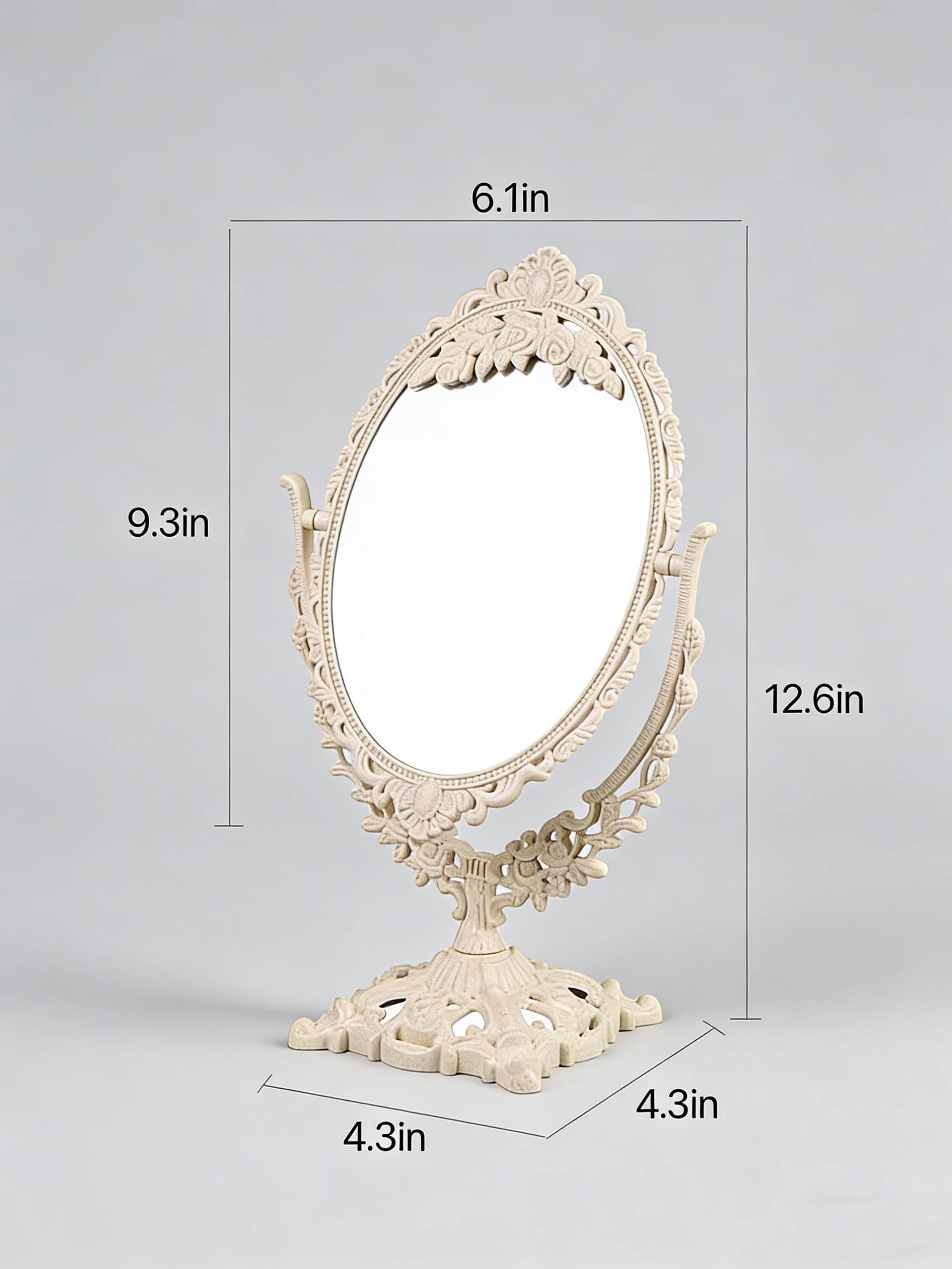 DECADENCE Vintage Carved Vanity Mirror | 360° Rotation, 1x/2x Magnification, 12.6in x 6.1in
