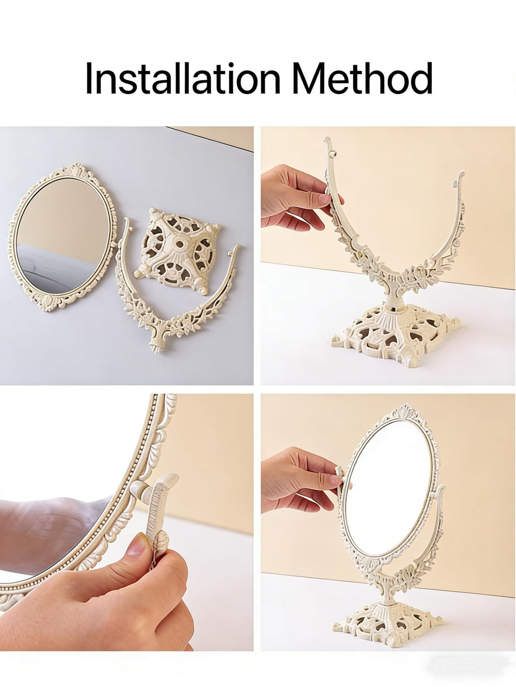 DECADENCE Vintage Carved Vanity Mirror | 360° Rotation, 1x/2x Magnification, 12.6in x 6.1in
