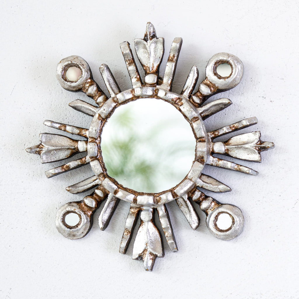 DecorContreras Sunburst Mirror 6in – Peruvian Hand-Carved Wood with Silver Leaf