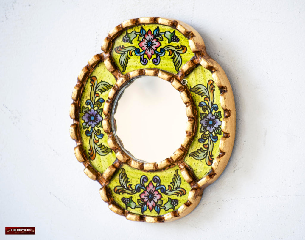 DecorContreras Small Oval Mirror — Handcrafted Reverse Painted Glass with Bronze Leaf Frame from Peru