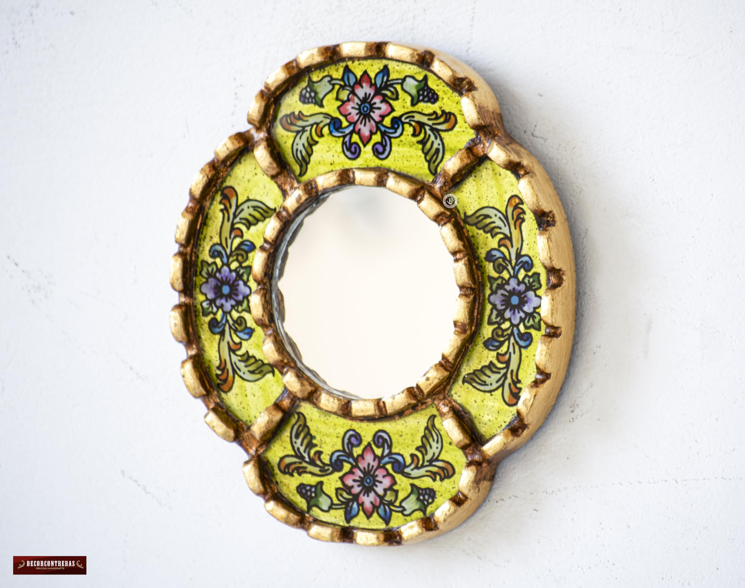 DecorContreras Small Oval Mirror — Handcrafted Reverse Painted Glass with Bronze Leaf Frame from Peru