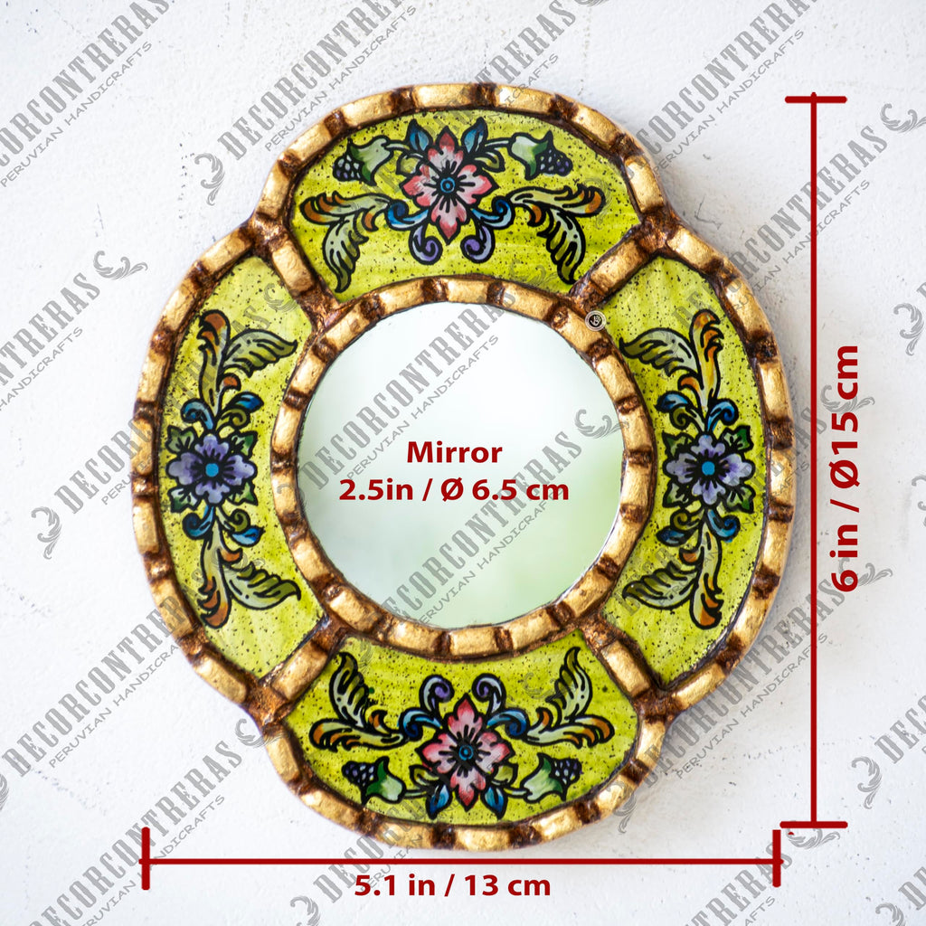 DecorContreras Small Oval Mirror — Handcrafted Reverse Painted Glass with Bronze Leaf Frame from Peru