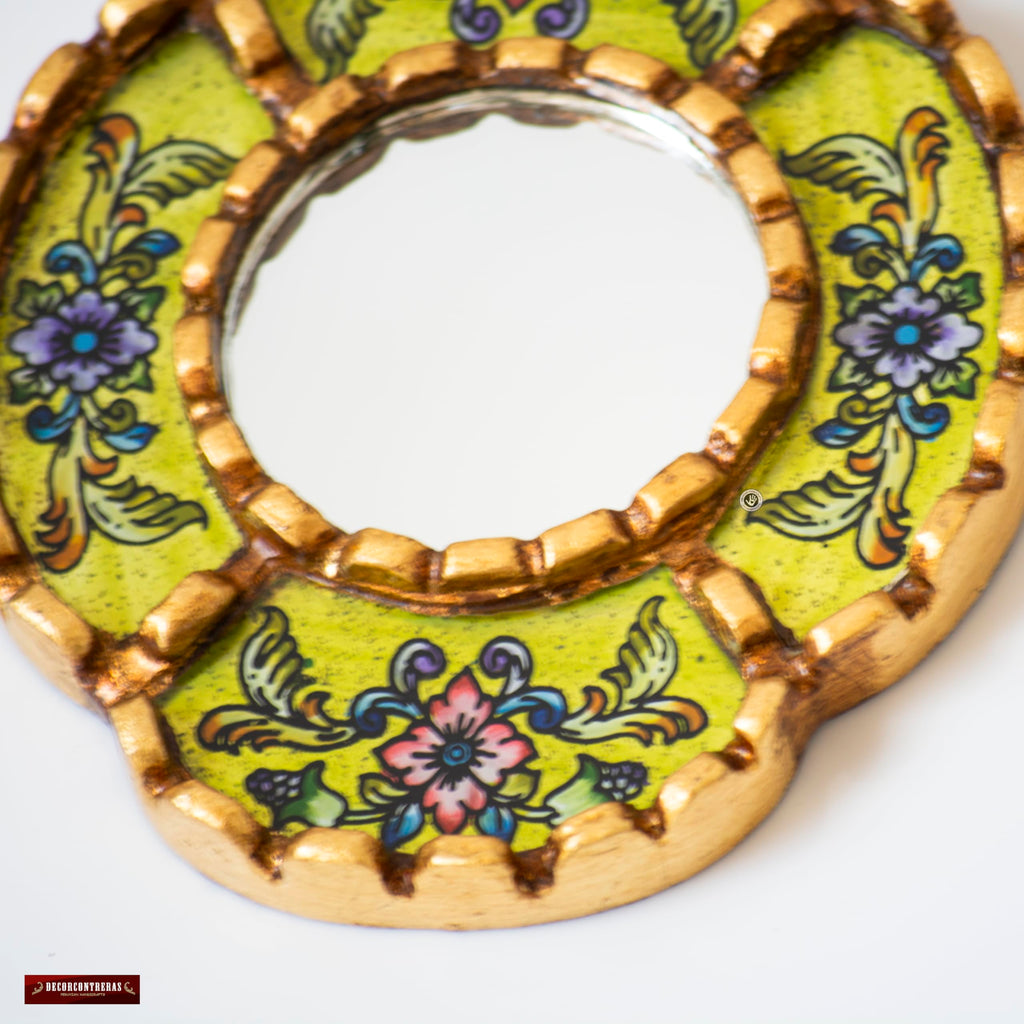DecorContreras Small Oval Mirror — Handcrafted Reverse Painted Glass with Bronze Leaf Frame from Peru