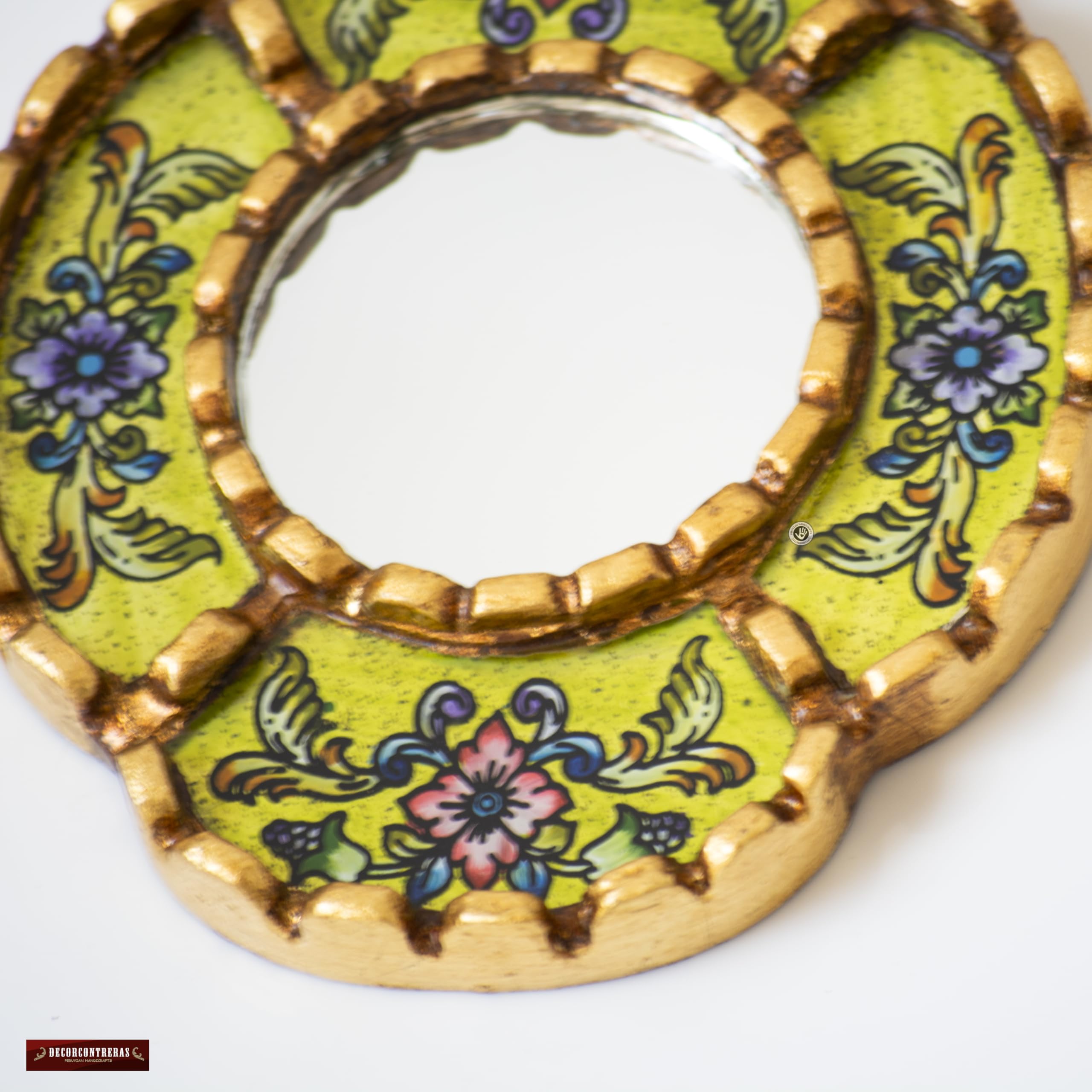 DecorContreras Small Oval Mirror — Handcrafted Reverse Painted Glass with Bronze Leaf Frame from Peru