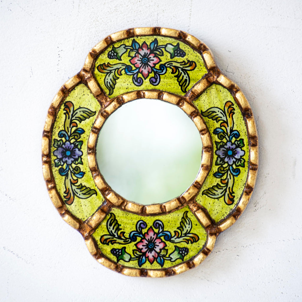 DecorContreras Small Oval Mirror — Handcrafted Reverse Painted Glass with Bronze Leaf Frame from Peru