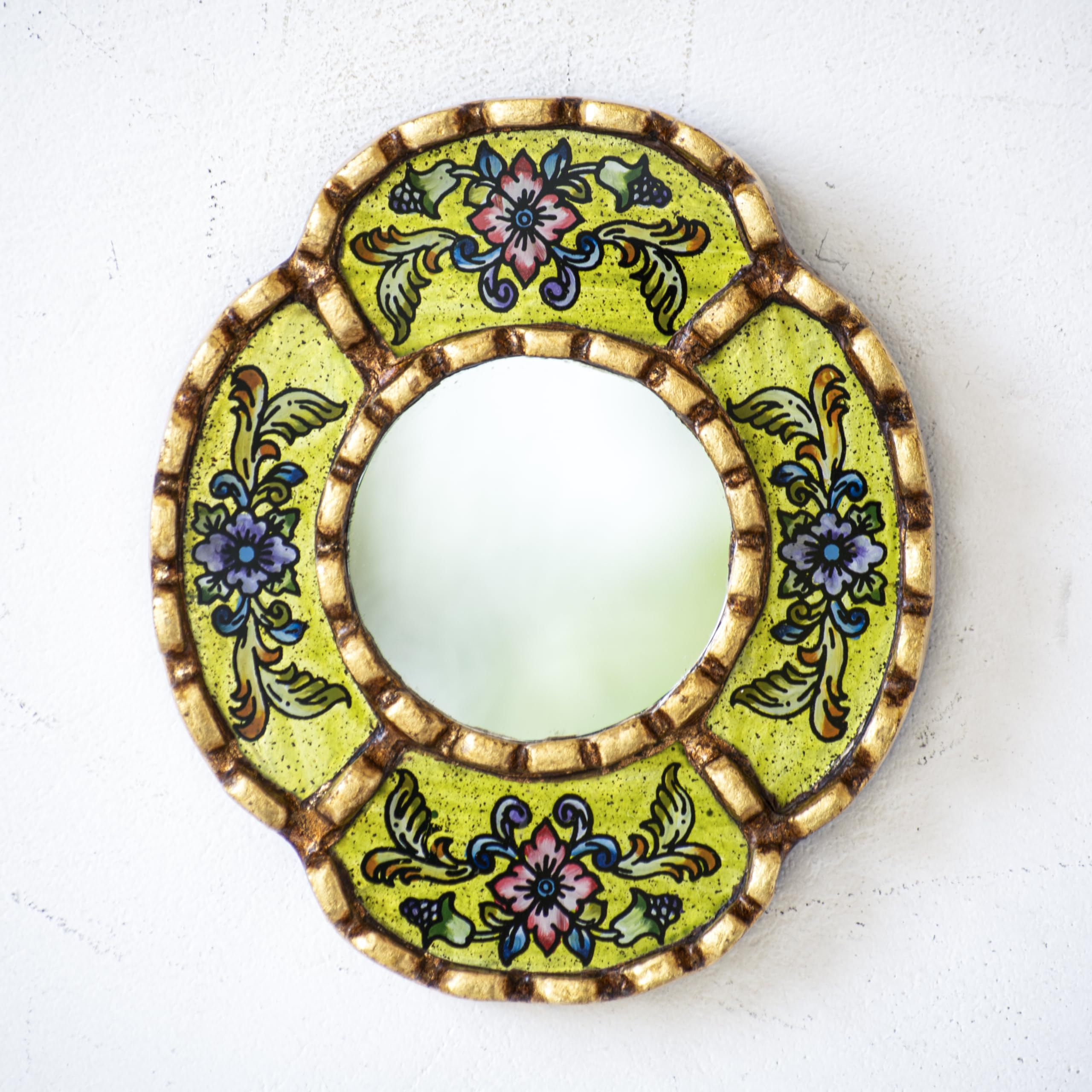 DecorContreras Small Oval Mirror — Handcrafted Reverse Painted Glass with Bronze Leaf Frame from Peru