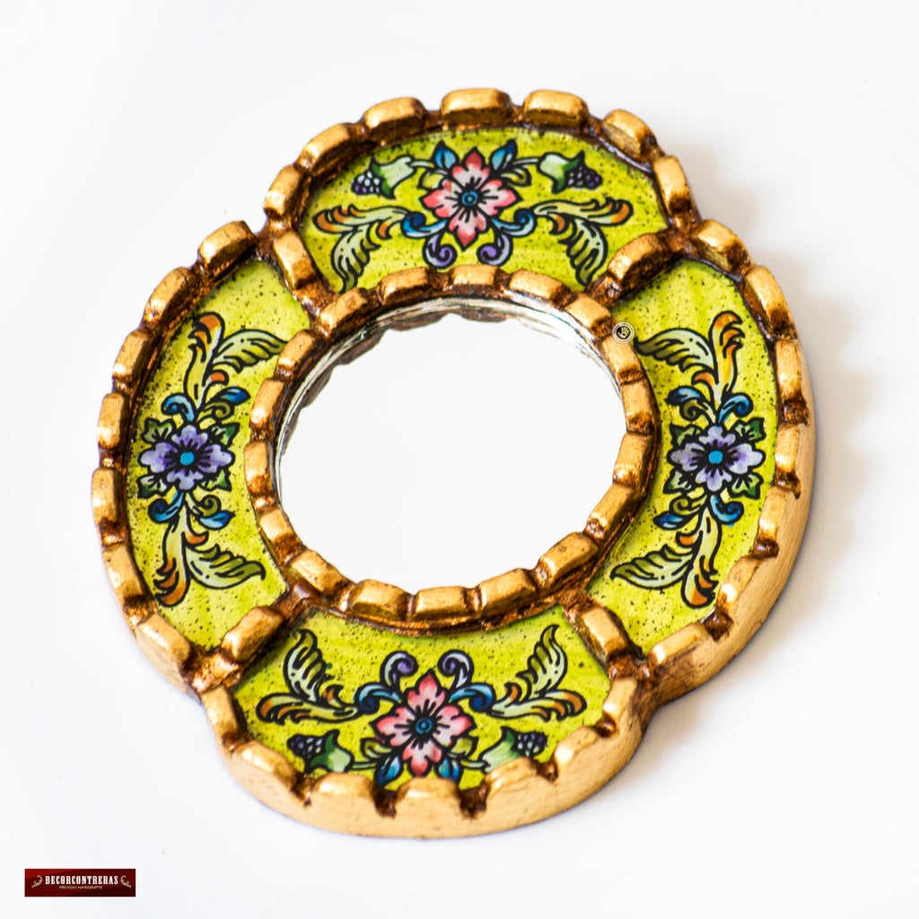 DecorContreras Small Oval Mirror — Handcrafted Reverse Painted Glass with Bronze Leaf Frame from Peru