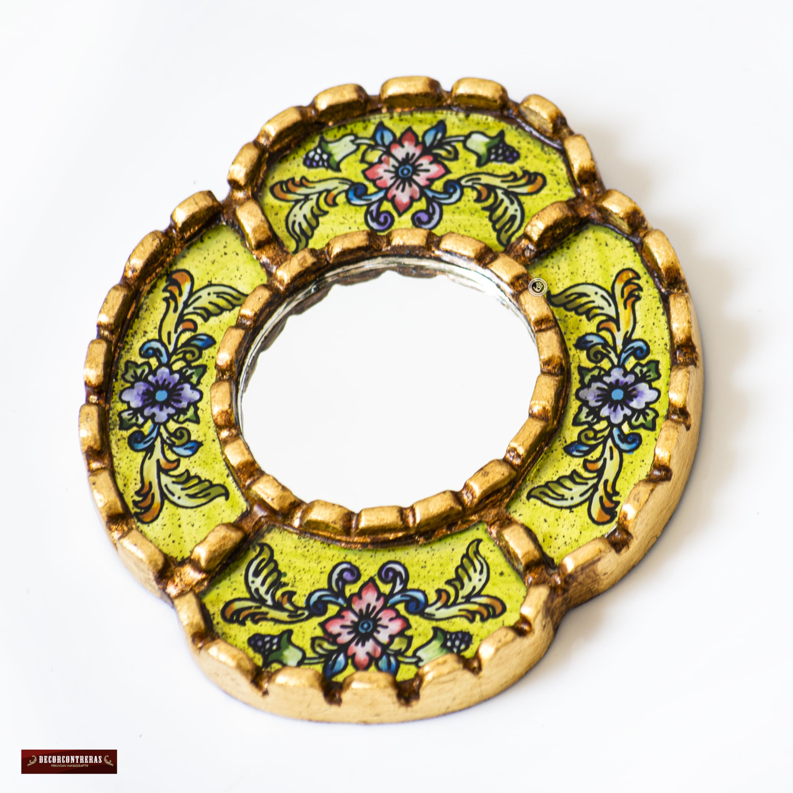 DecorContreras Small Oval Mirror — Handcrafted Reverse Painted Glass with Bronze Leaf Frame from Peru