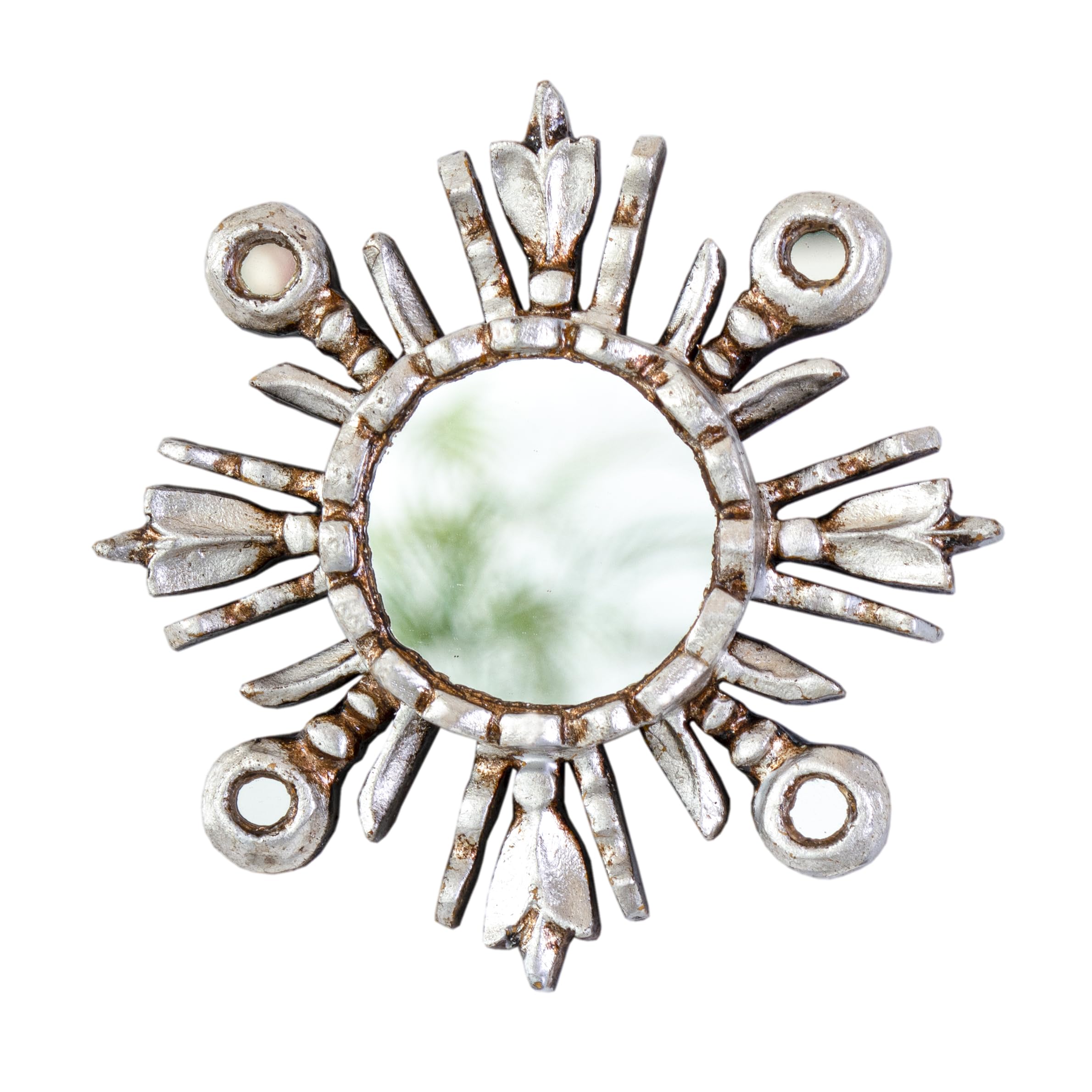 DecorContreras Sunburst Mirror 6in – Peruvian Hand-Carved Wood with Silver Leaf