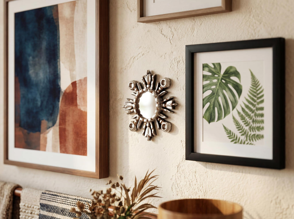 DecorContreras Sunburst Mirror 6in – Peruvian Hand-Carved Wood with Silver Leaf