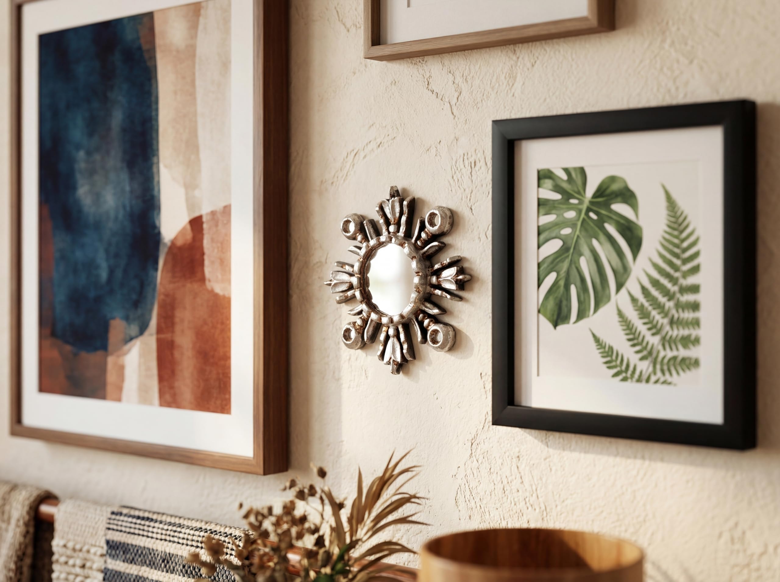 DecorContreras Sunburst Mirror 6in – Peruvian Hand-Carved Wood with Silver Leaf