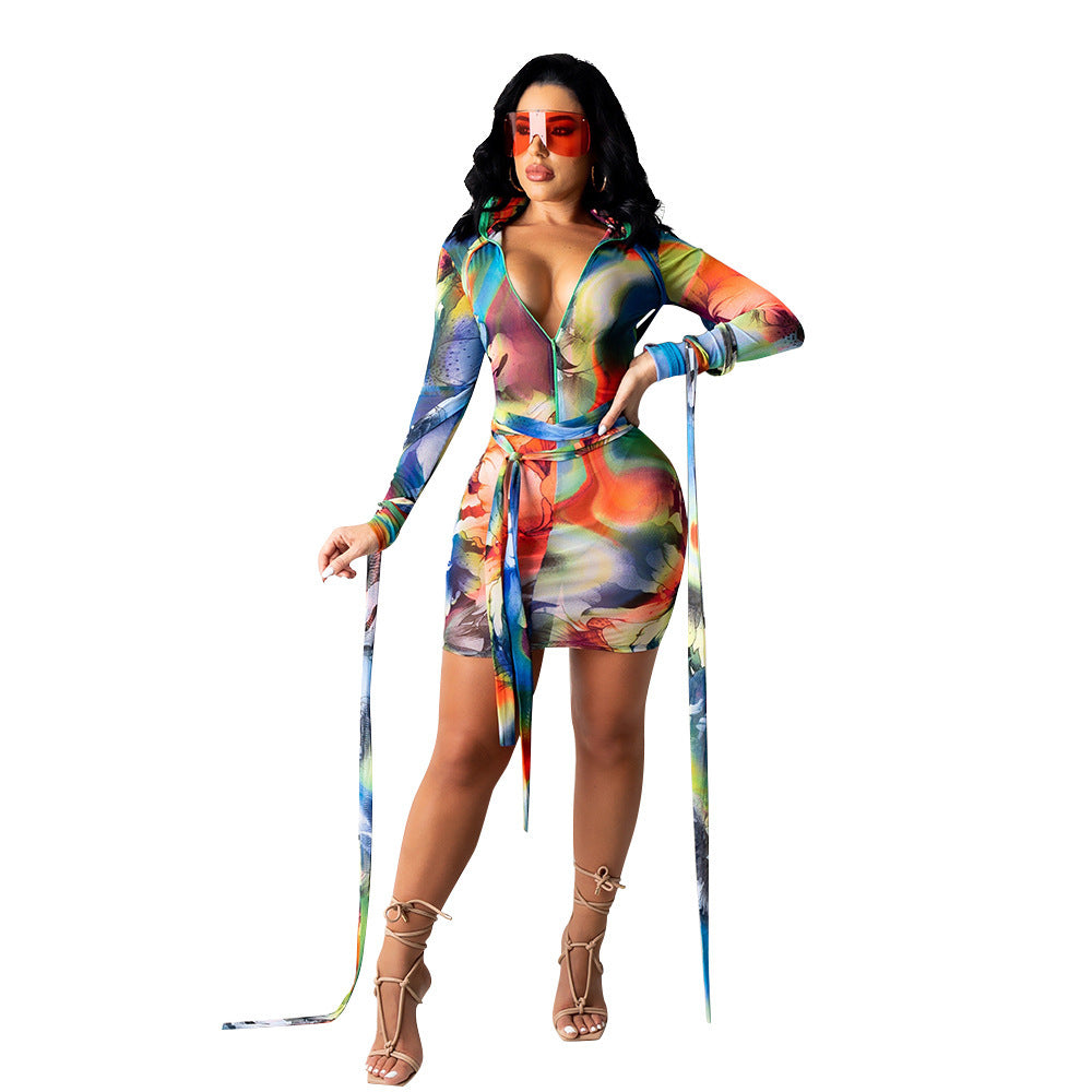 Sexy Women Mesh See-Through Printed Dress With Bandage