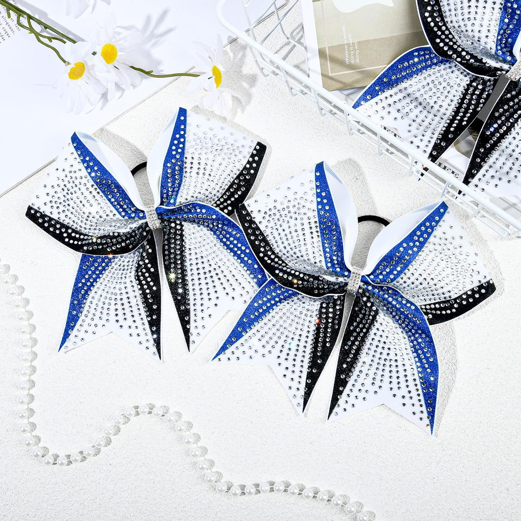 DEEKA 6-Pack 8-Inch Glitter Bows (Royal Blue/Black/White) with Rhinestones | Elastic Hair Ties
