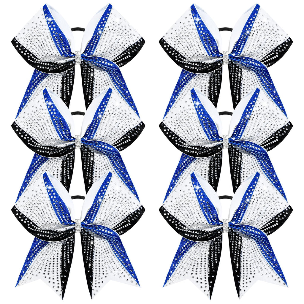 DEEKA 6-Pack 8-Inch Glitter Bows (Royal Blue/Black/White) with Rhinestones | Elastic Hair Ties