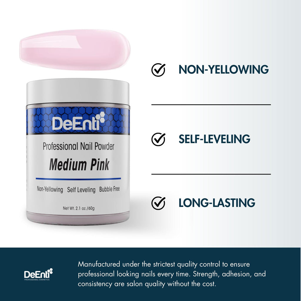 DeEnti Acrylic Nail Powder - 2oz Medium Pink | Professional Bubble-Free Formula for Nails | Long-Lasting, Chip-Resistant Powder for Extensions & Fake Nails