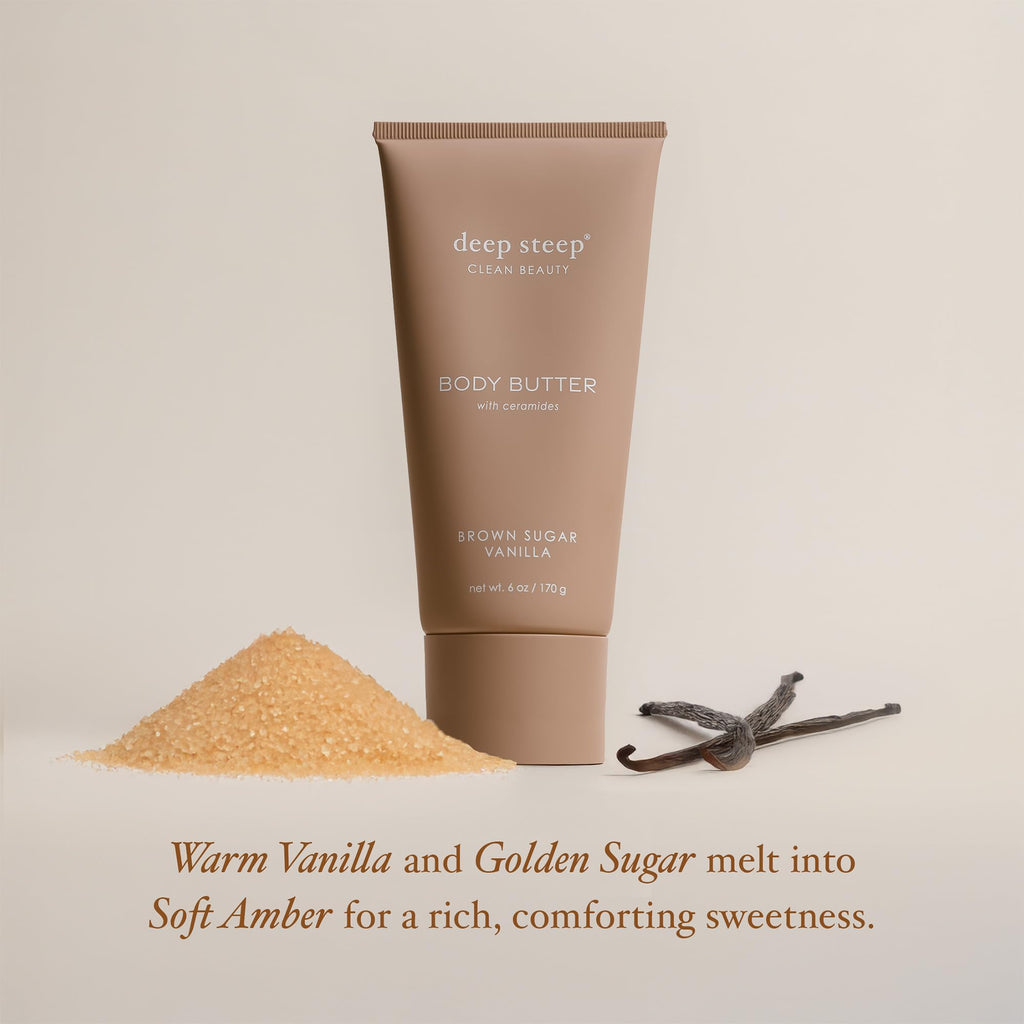 Deep Steep Body Butter 6 oz – Rich Moisturizer with Ceramides, Coconut Oil & Aloe Vera – Vegan, Brown Sugar Vanilla