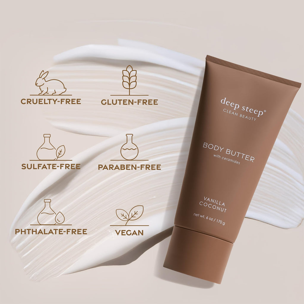 Deep Steep Body Butter 6 oz – Rich Moisturizer with Ceramides, Coconut Oil & Aloe Vera – Vegan, Brown Sugar Vanilla