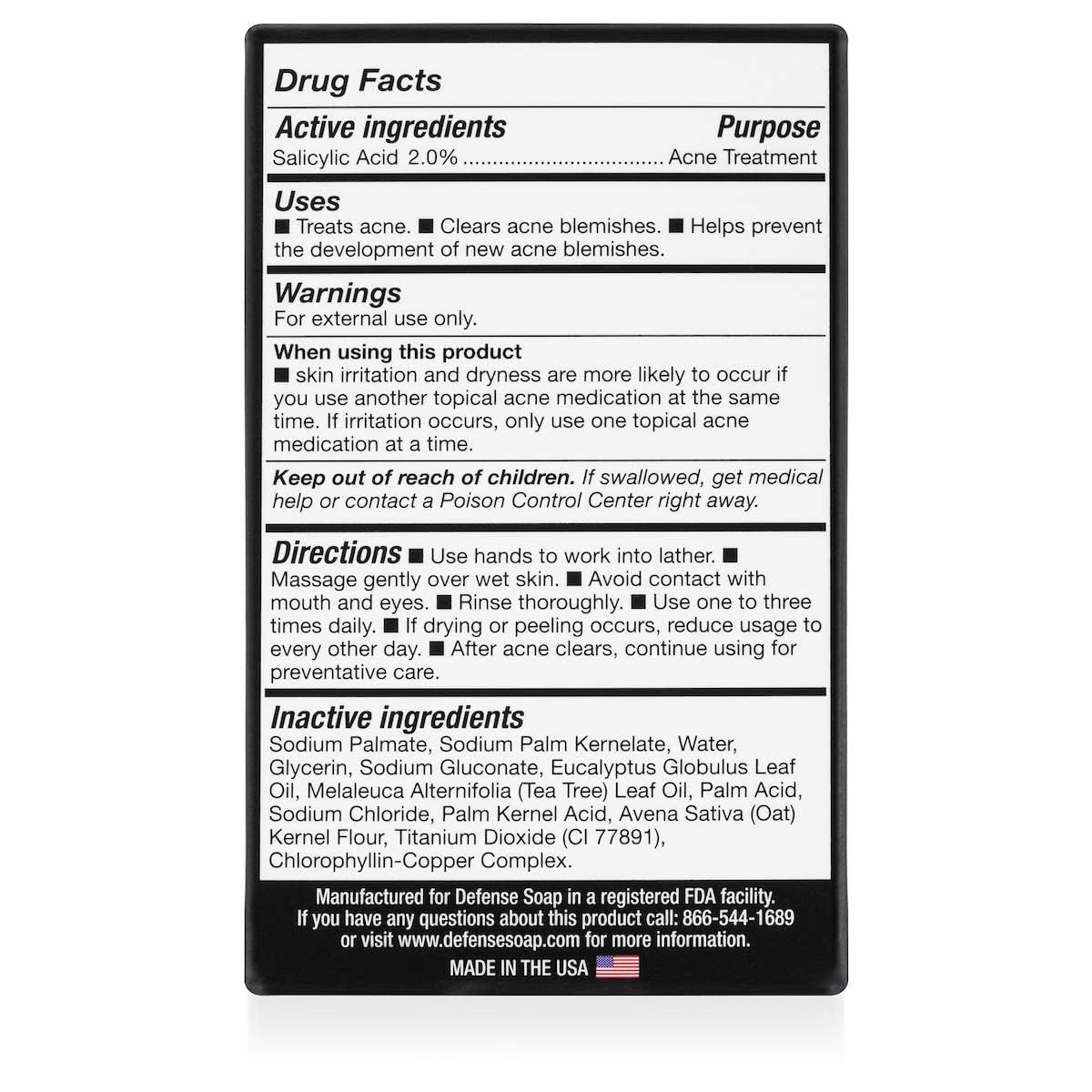 Defense Acne Care Bar Soap 4.2oz – 2% Salicylic Acid, Tea Tree & Eucalyptus, Oatmeal