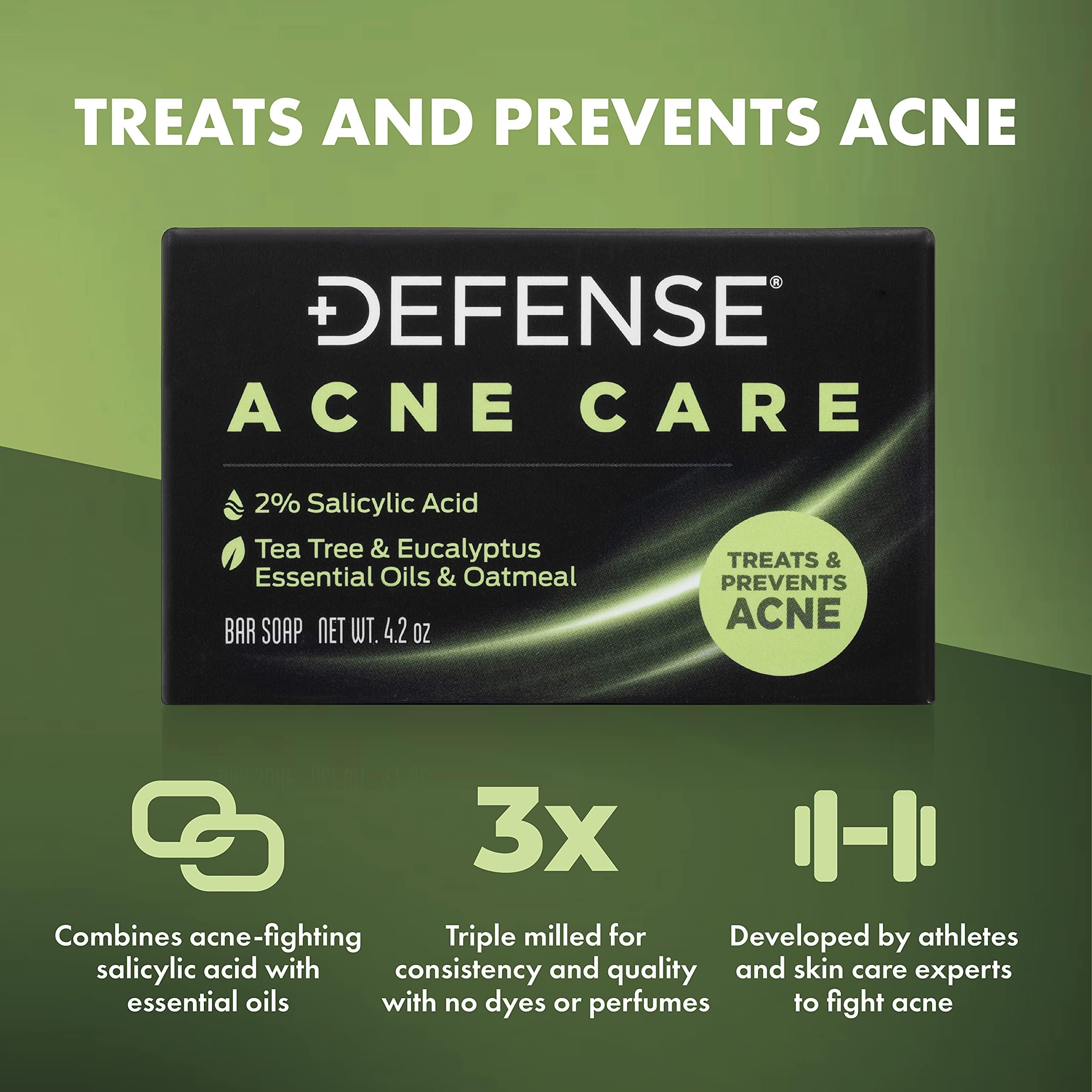 Defense Acne Care Bar Soap – 4.2oz (Pack of 2) | 2% Salicylic Acid, Tea Tree & Eucalyptus, Oatmeal