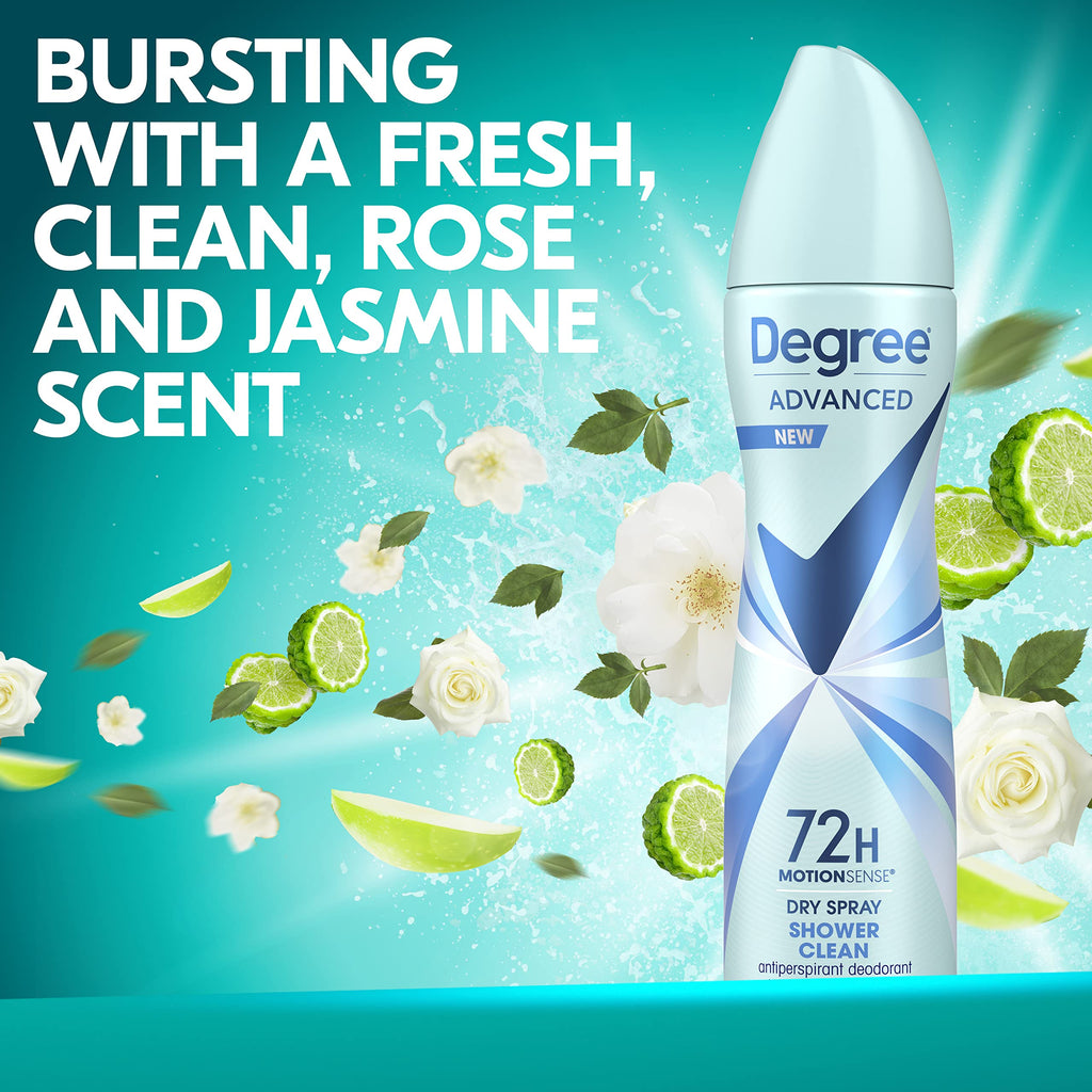 Degree Advanced Shower Clean Antiperspirant Dry Spray with MotionSense – 72-Hour Sweat & Odor Protection (Pack of 4)