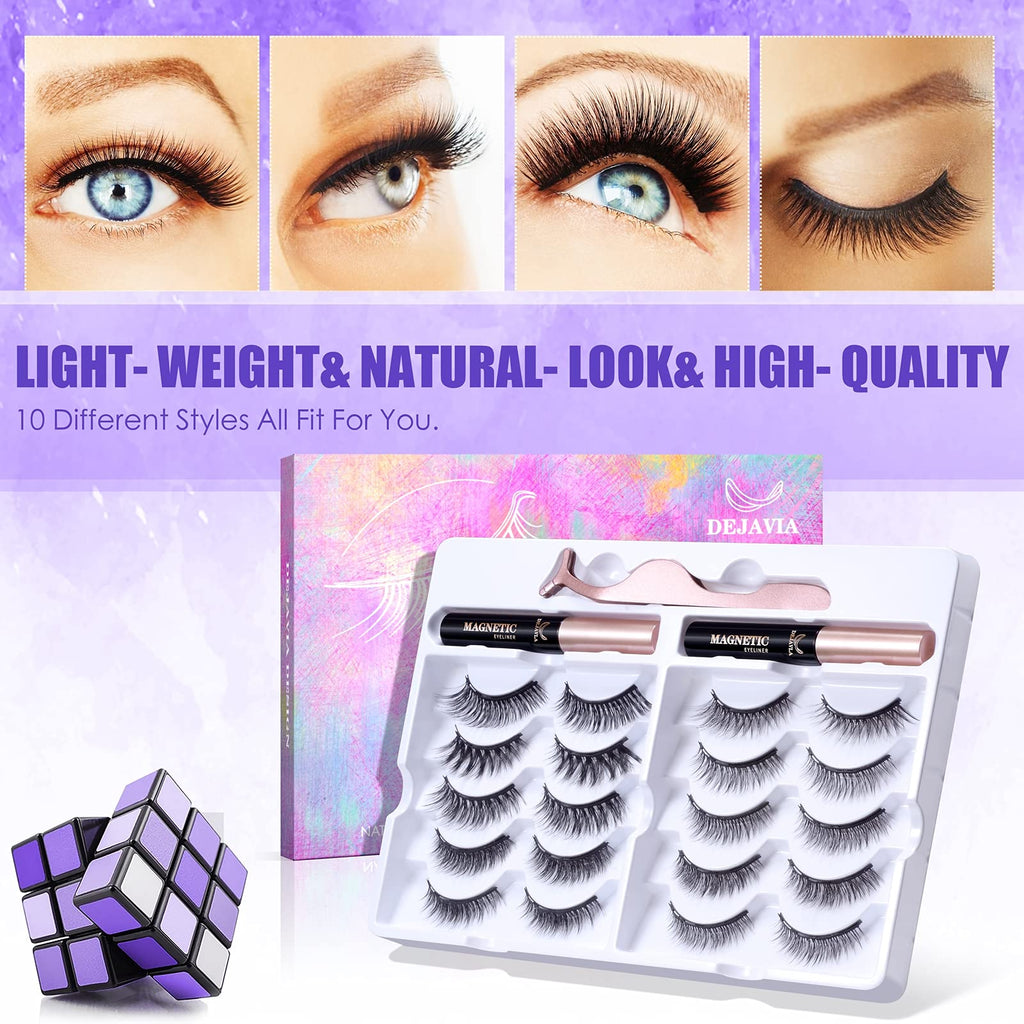 DEJAVIA Magnetic Lashes Kit – 10 Pairs, Magnetic Eyeliner & Tweezers, Reusable